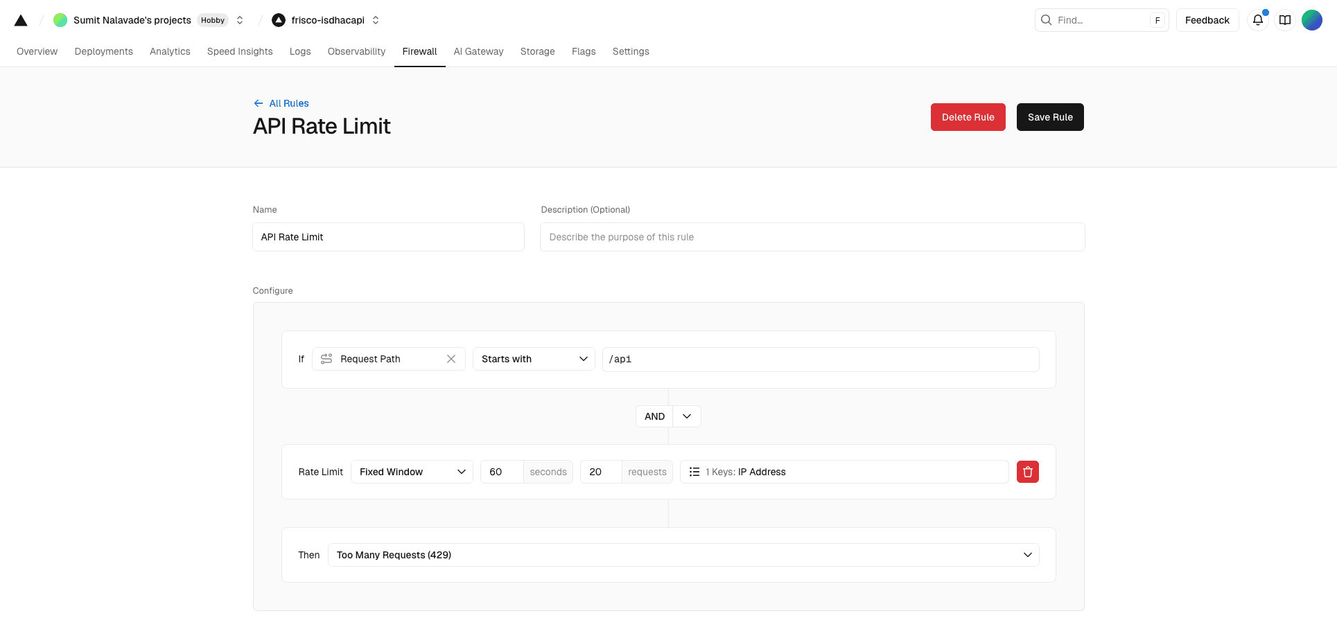 Vercel WAF Rate Limiter Configuration